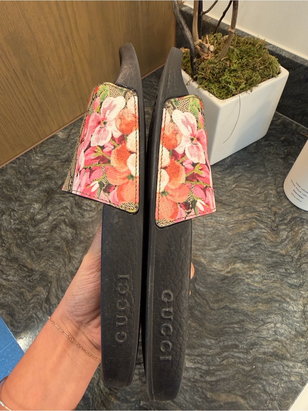 Gucci Floral GG Canvas Slide Sandals - Black with Pink, Red & Green Floral - Picture 3 of 11